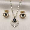 Oro Laminado Earring and Pendant Adult Set, Gold Filled Style Heart Design, with Black Cubic Zirconia and White Micro Pave, Polished, Golden Finish, 10.196.0182