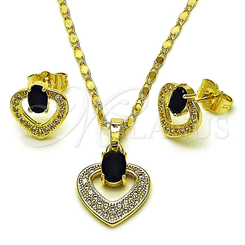 Oro Laminado Earring and Pendant Adult Set, Gold Filled Style Heart Design, with Black Cubic Zirconia and White Micro Pave, Polished, Golden Finish, 10.196.0182
