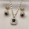 Oro Laminado Earring and Pendant Adult Set, Gold Filled Style Cluster Design, with Black Cubic Zirconia and White Micro Pave, Polished, Golden Finish, 10.196.0183