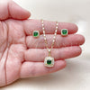 Oro Laminado Earring and Pendant Adult Set, Gold Filled Style Cluster Design, with Green Cubic Zirconia and White Micro Pave, Polished, Golden Finish, 10.196.0183.1