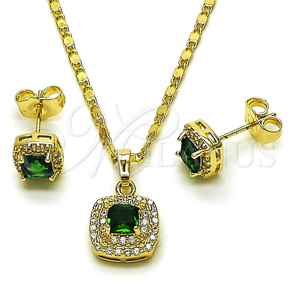Oro Laminado Earring and Pendant Adult Set, Gold Filled Style Cluster Design, with Green Cubic Zirconia and White Micro Pave, Polished, Golden Finish, 10.196.0183.1