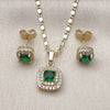 Oro Laminado Earring and Pendant Adult Set, Gold Filled Style Cluster Design, with Green Cubic Zirconia and White Micro Pave, Polished, Golden Finish, 10.196.0183.1