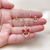 Oro Laminado Earring and Pendant Adult Set, Gold Filled Style Heart and Bow Design, with Ruby and White Cubic Zirconia, Polished, Golden Finish, 10.196.0184
