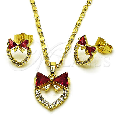 Oro Laminado Earring and Pendant Adult Set, Gold Filled Style Heart and Bow Design, with Ruby and White Cubic Zirconia, Polished, Golden Finish, 10.196.0184