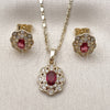 Oro Laminado Earring and Pendant Adult Set, Gold Filled Style Cluster Design, with Ruby and White Cubic Zirconia, Polished, Golden Finish, 10.196.0186.1
