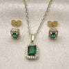 Oro Laminado Earring and Pendant Adult Set, Gold Filled Style Cluster Design, with Green Cubic Zirconia and White Micro Pave, Polished, Golden Finish, 10.196.0187.1