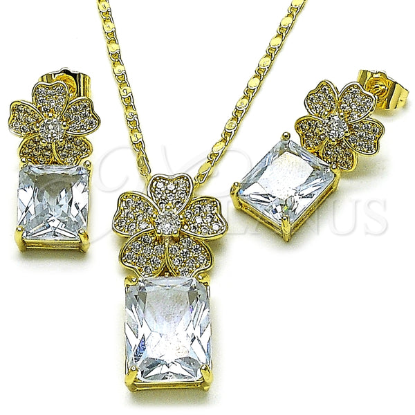 Oro Laminado Earring and Pendant Adult Set, Gold Filled Style Flower Design, with White Cubic Zirconia and White Micro Pave, Polished, Golden Finish, 10.196.0190