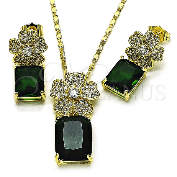 Oro Laminado Earring and Pendant Adult Set, Gold Filled Style Flower Design, with Green Cubic Zirconia and White Micro Pave, Polished, Golden Finish, 10.196.0190.1