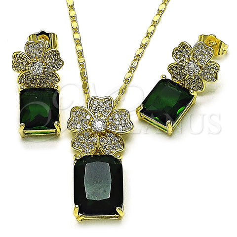 Oro Laminado Earring and Pendant Adult Set, Gold Filled Style Flower Design, with Green Cubic Zirconia and White Micro Pave, Polished, Golden Finish, 10.196.0190.1