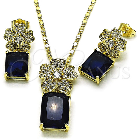 Oro Laminado Earring and Pendant Adult Set, Gold Filled Style Flower Design, with Sapphire Blue Cubic Zirconia and White Micro Pave, Polished, Golden Finish, 10.196.0190.2