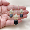 Oro Laminado Earring and Pendant Adult Set, Gold Filled Style Flower Design, with Black Cubic Zirconia and White Micro Pave, Polished, Golden Finish, 10.196.0190.3