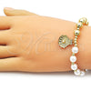 Oro Laminado Fancy Bracelet, Gold Filled Style Shell and Ball Design, with Ivory Pearl and White Micro Pave, Polished, Golden Finish, 03.341.0248.07