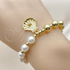 Oro Laminado Fancy Bracelet, Gold Filled Style Shell and Ball Design, with Ivory Pearl and White Micro Pave, Polished, Golden Finish, 03.341.0248.07