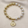 Oro Laminado Fancy Bracelet, Gold Filled Style Shell and Ball Design, with Ivory Pearl and White Micro Pave, Polished, Golden Finish, 03.341.0248.07
