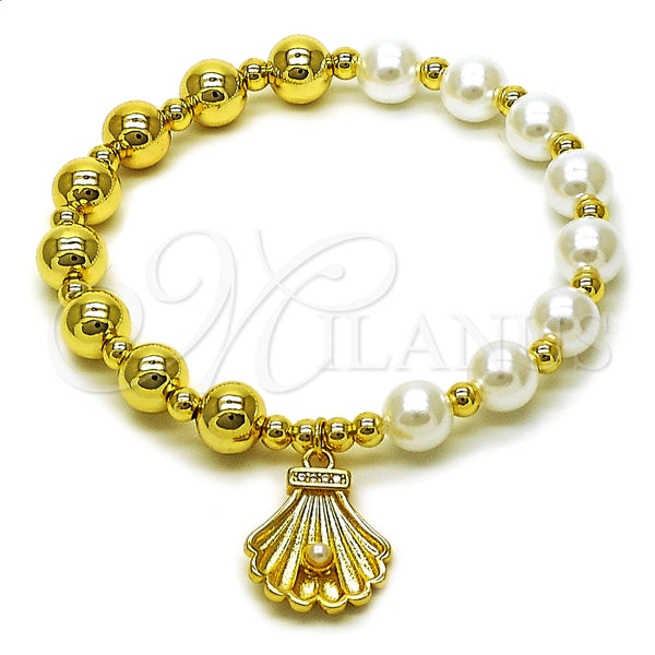 Oro Laminado Fancy Bracelet, Gold Filled Style Shell and Ball Design, with Ivory Pearl and White Micro Pave, Polished, Golden Finish, 03.341.0248.07