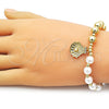 Oro Laminado Fancy Bracelet, Gold Filled Style Shell and Ball Design, with Ivory Pearl and White Micro Pave, Polished, Golden Finish, 03.341.0248.07 (08 MM Thickness, 7 Inches Length)
