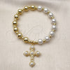 Oro Laminado Fancy Bracelet, Gold Filled Style Cross and Expandable Bead Design, with Ivory Pearl, Polished, Golden Finish, 03.341.0250.07