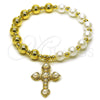 Oro Laminado Fancy Bracelet, Gold Filled Style Cross and Expandable Bead Design, with Ivory Pearl, Polished, Golden Finish, 03.341.0250.07