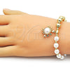 Oro Laminado Fancy Bracelet, Gold Filled Style Expandable Bead and Ball Design, with Ivory Pearl and Green Cubic Zirconia, Polished, Golden Finish, 03.341.0251.07