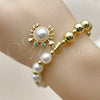 Oro Laminado Fancy Bracelet, Gold Filled Style Expandable Bead and Ball Design, with Ivory Pearl and Green Cubic Zirconia, Polished, Golden Finish, 03.341.0251.07