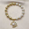 Oro Laminado Fancy Bracelet, Gold Filled Style Expandable Bead and Ball Design, with Ivory Pearl and Green Cubic Zirconia, Polished, Golden Finish, 03.341.0251.07