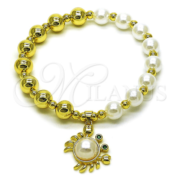 Oro Laminado Fancy Bracelet, Gold Filled Style Expandable Bead and Ball Design, with Ivory Pearl and Green Cubic Zirconia, Polished, Golden Finish, 03.341.0251.07