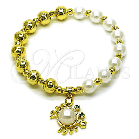 Oro Laminado Fancy Bracelet, Gold Filled Style Expandable Bead and Ball Design, with Ivory Pearl and Green Cubic Zirconia, Polished, Golden Finish, 03.341.0251.07