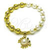 Oro Laminado Fancy Bracelet, Gold Filled Style Expandable Bead and Ball Design, with Ivory Pearl and Green Cubic Zirconia, Polished, Golden Finish, 03.341.0251.07