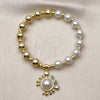 Oro Laminado Fancy Bracelet, Gold Filled Style Expandable Bead and Ball Design, with Ivory Pearl and Green Cubic Zirconia, Polished, Golden Finish, 03.341.0251.07 (08 MM Thickness, 7 Inches Length)