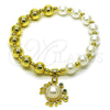 Oro Laminado Fancy Bracelet, Gold Filled Style Expandable Bead and Ball Design, with Ivory Pearl and Green Cubic Zirconia, Polished, Golden Finish, 03.341.0251.07 (08 MM Thickness, 7 Inches Length)
