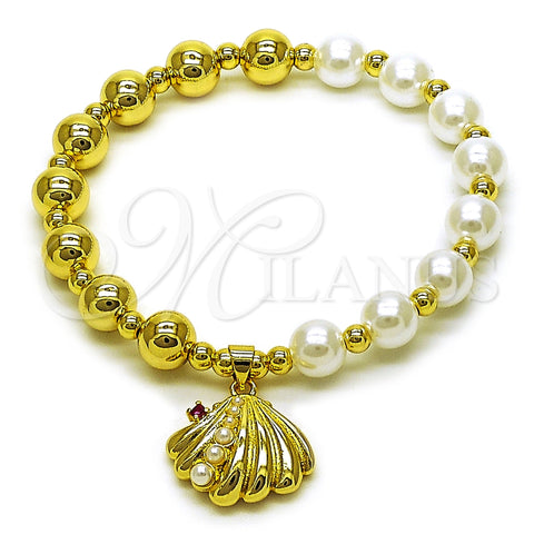 Oro Laminado Fancy Bracelet, Gold Filled Style Shell and Expandable Bead Design, with Ivory Pearl and Ruby Cubic Zirconia, Polished, Golden Finish, 03.341.0252.07