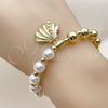 Oro Laminado Fancy Bracelet, Gold Filled Style Shell and Expandable Bead Design, with Ivory Pearl and Ruby Cubic Zirconia, Polished, Golden Finish, 03.341.0252.07 (08 MM Thickness, 7 Inches Length)