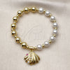 Oro Laminado Fancy Bracelet, Gold Filled Style Shell and Expandable Bead Design, with Ivory Pearl and Ruby Cubic Zirconia, Polished, Golden Finish, 03.341.0252.07 (08 MM Thickness, 7 Inches Length)