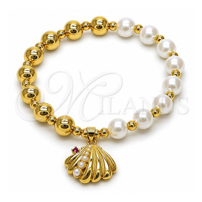 Oro Laminado Fancy Bracelet, Gold Filled Style Shell and Expandable Bead Design, with Ivory Pearl and Ruby Cubic Zirconia, Polished, Golden Finish, 03.341.0252.07 (08 MM Thickness, 7 Inches Length)