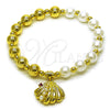 Oro Laminado Fancy Bracelet, Gold Filled Style Shell and Expandable Bead Design, with Ivory Pearl and Ruby Cubic Zirconia, Polished, Golden Finish, 03.341.0252.07 (08 MM Thickness, 7 Inches Length)