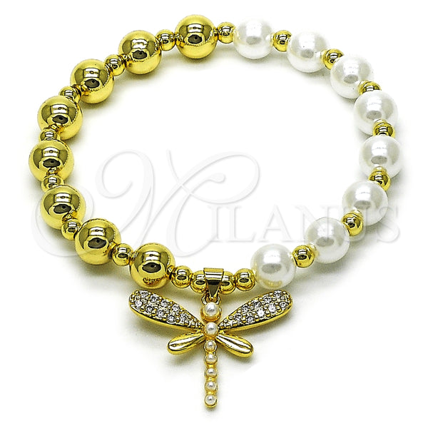 Oro Laminado Fancy Bracelet, Gold Filled Style Dragon-Fly and Expandable Bead Design, with Ivory Pearl and White Cubic Zirconia, Polished, Golden Finish, 03.341.0253.07