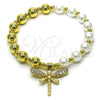 Oro Laminado Fancy Bracelet, Gold Filled Style Dragon-Fly and Expandable Bead Design, with Ivory Pearl and White Cubic Zirconia, Polished, Golden Finish, 03.341.0253.07