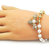 Oro Laminado Fancy Bracelet, Gold Filled Style Bee and Expandable Bead Design, with Ivory Pearl and White Cubic Zirconia, Polished, Golden Finish, 03.341.0254.07