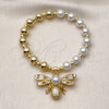 Oro Laminado Fancy Bracelet, Gold Filled Style Bee and Expandable Bead Design, with Ivory Pearl and White Cubic Zirconia, Polished, Golden Finish, 03.341.0254.07
