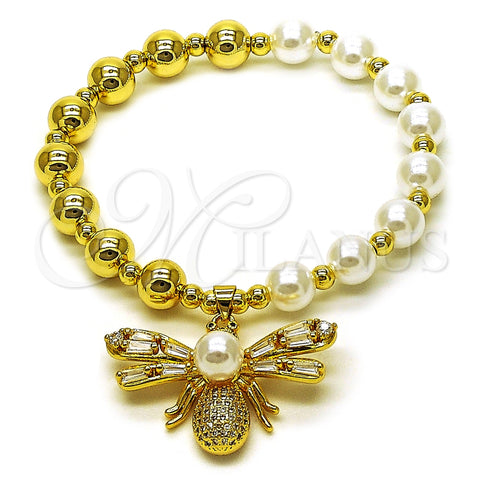 Oro Laminado Fancy Bracelet, Gold Filled Style Bee and Expandable Bead Design, with Ivory Pearl and White Cubic Zirconia, Polished, Golden Finish, 03.341.0254.07