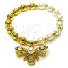 Oro Laminado Fancy Bracelet, Gold Filled Style Bee and Expandable Bead Design, with Ivory Pearl and White Cubic Zirconia, Polished, Golden Finish, 03.341.0254.07