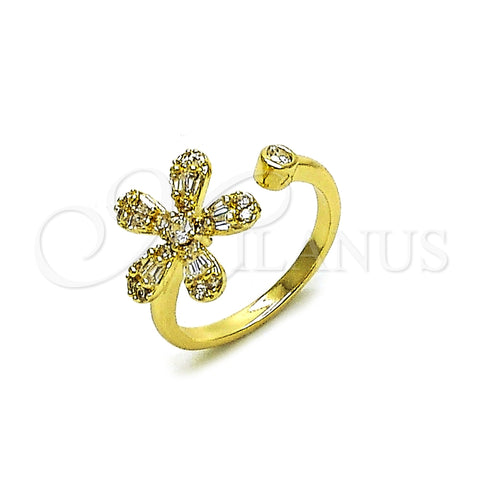 Oro Laminado Multi Stone Ring, Gold Filled Style Flower and Baguette Design, with White Cubic Zirconia and White Micro Pave, Polished, Golden Finish, 01.266.0052