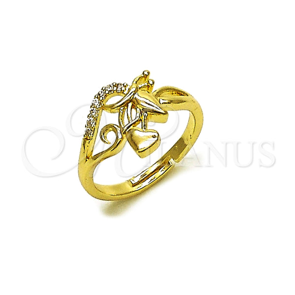 Oro Laminado Multi Stone Ring, Gold Filled Style Butterfly and Leaf Design, with White Micro Pave, Polished, Golden Finish, 01.266.0057