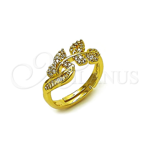 Oro Laminado Multi Stone Ring, Gold Filled Style Leaf and Baguette Design, with White Cubic Zirconia and White Micro Pave, Polished, Golden Finish, 01.266.0061 (One size fits all)