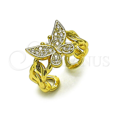 Oro Laminado Multi Stone Ring, Gold Filled Style Butterfly and Miami Cuban Design, with White Cubic Zirconia, Polished, Golden Finish, 01.266.0065 (One size fits all)