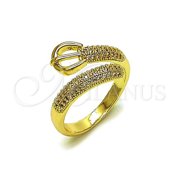 Oro Laminado Multi Stone Ring, Gold Filled Style Belt Buckle Design, with White Micro Pave, Polished, Golden Finish, 01.266.0070