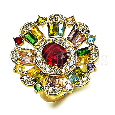 Oro Laminado Multi Stone Ring, Gold Filled Style Cluster Design, with Multicolor and Garnet Cubic Zirconia, Polished, Golden Finish, 01.266.0072