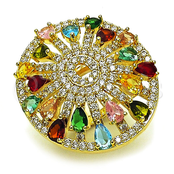 Oro Laminado Multi Stone Ring, Gold Filled Style Cluster and Teardrop Design, with Multicolor and White Cubic Zirconia, Polished, Golden Finish, 01.266.0074 (One size fits all)