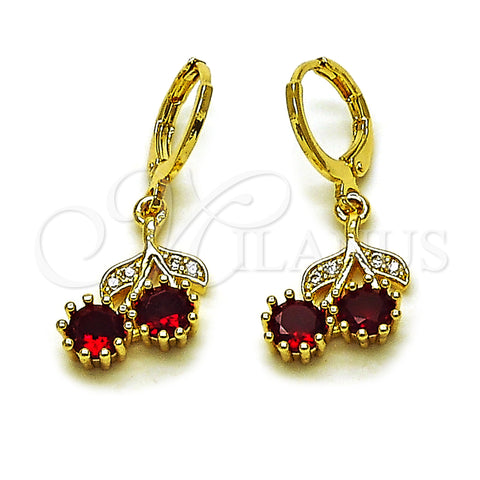 Oro Laminado Dangle Earring, Gold Filled Style Cherry Design, with Garnet Cubic Zirconia and White Micro Pave, Polished, Golden Finish, 02.323.0095