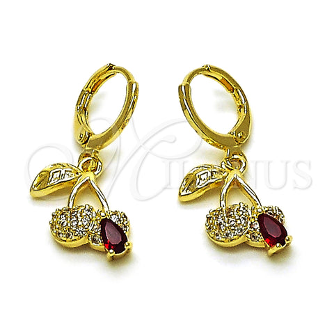 Oro Laminado Dangle Earring, Gold Filled Style Cherry Design, with Garnet Cubic Zirconia and White Micro Pave, Polished, Golden Finish, 02.323.0096
